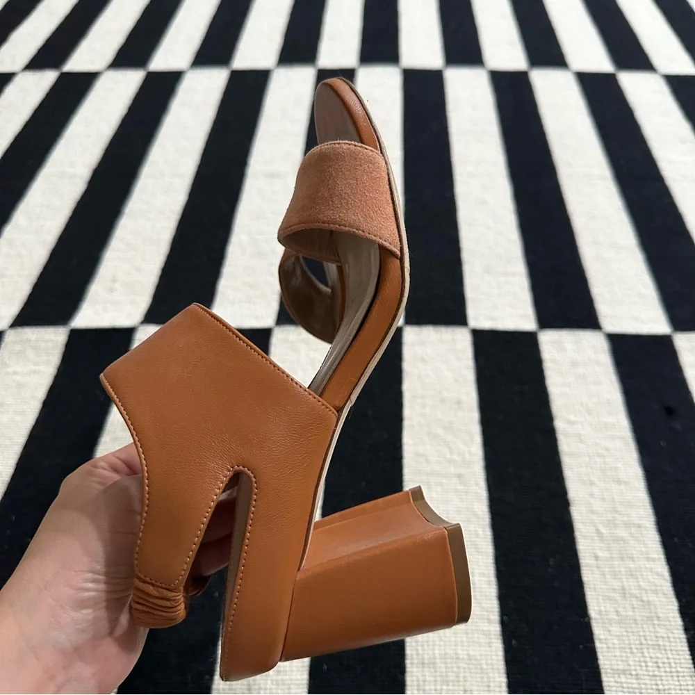 Stuart Weitzman Cognac Two-Strap Block Heel Slingbacks